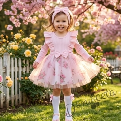 Детска ежедневна рокля с дълъг ръкав в розово с къдрички и тюл в долната част