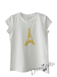 Детска блуза с къс ръкав и апликация изобразяваща Айфеловата кула в жълто