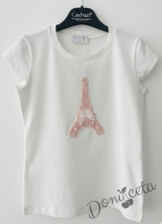 Детска блуза с къс ръкав и апликация изобразяваща Айфеловата кула в розово