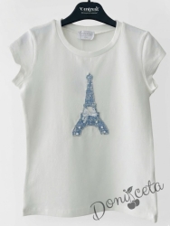 Детска блуза с къс ръкав и апликация изобразяваща Айфеловата кула в синьо