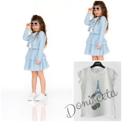 Комплект за момиче от 3 части-пола,тениска с къс ръкав и сако с дълъг ръкав в синьо