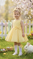 Официална или ежедневна детска/бебешка рокля в жълто на бели точки тип клош  Вилина