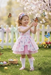 Официална детска памучна рокля Надежда с тюл в розово с пеперудки 