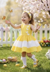 Официална или ежедневна детска памучна рокля в жълто с пеперуди в бяло Далента