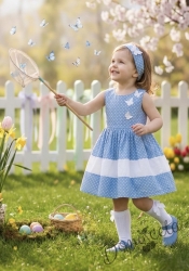 Официална или ежедневна детска рокля без ръкав в синьо и бяло на точки с пеперуди в бяло Далента