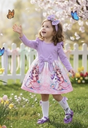 Детска рокля в лилаво с дълъг ръкав с къдрички, панделка и картинка на момиченце 