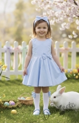 Официална детска/бебешка рокля в светлосиньо тип клош с панделка Вилина
