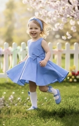 Официална детска или бебешка рокля в светлосиньо тип клош с панделка Вилина