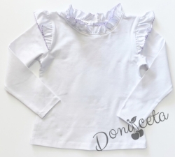 Детска блуза с дълъг ръкав за момиче в бяло с къдрички и кант в лилаво