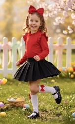 Комплект за момиче от 2 части - пола от трико в черно и блуза с дълъг ръкав с къдрички в червено