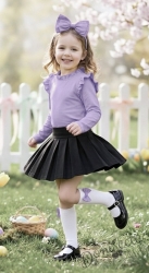 Комплект за момиче от 2 части - пола от трико в черно и блуза с дълъг ръкав с къдрички в лилаво