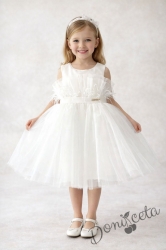 Официална бебешка рокля без ръкав с тюл, перца и панделка Анелия