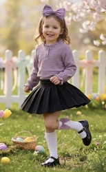 Комплект за момиче от 2 части - пола от трико в черно и блуза с дълъг ръкав с къдрички в пепел от рози