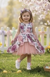 Официална детска памучна рокля на цветя Надежда с тюл в пепел от рози