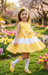 Официална памучна детска рокля в жълто на бели точки с тюл Далента