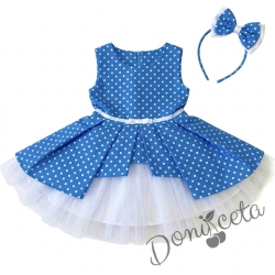 Детска памучна рокля  Надежда в синьос тюл и диадема за коса в синьо на точки