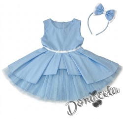 Детска памучна рокля  Надежда в светлосиньо с тюл и диадема за коса в светлосиньосиньо 