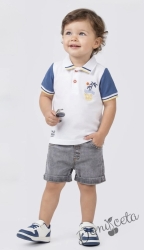 Летен комплект за момче от бяла тениска с яка с щампа с палма  и къси дънкови панталони