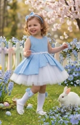 Детска памучна рокля Надежда в светлосиньо с тюл в бяло