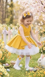 Детска памучна рокля Надежда в жълто с тюл в бяло отпред