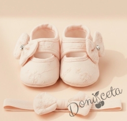 Бебешки комплект от бебешки буйки и лента за коса в розов цвят