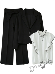 Комплект за момиче от 3 части - сако Ким, панталон с висока талия и коланче в черно и блуза без ръкав с панделка в черно