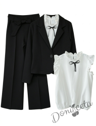 Комплект за момиче от 3 части - сако, панталон с висока талия и колан в черно и блуза без ръкав с панделка в черно