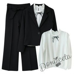 Комплект за момиче от 3 части - сако, панталон с висока талия и колан в черно и блуза с дълъг ръкав с панделка в черно