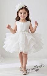 Официална детска рокля Бела къс ръкав и богат тюл в бяло с диадема