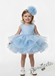 Официална детска рокля Бела къс ръкав и богат тюл в светлосиньо с диадема