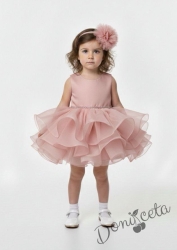 Официална детска рокля Бела къс ръкав и богат тюл в пепел от рози с диадема
