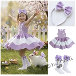Комплект от детска рокля в лилаво и бяло с 3D пеперуди Далента с диадема и чорапки
