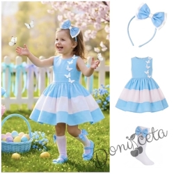 Комплект от детска рокля в светлосиньо и бяло с 3D пеперуди Далента с диадема и чорапки