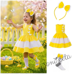 Комплект от детска рокля в светлосиньо и бяло с 3D пеперуди Далента с диадема и чорапки