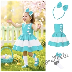 Комплект от детска рокля в тюркоаз и бяло с 3D пеперуди Далента с диадема и чорапки