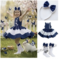 Комплект от детска рокля в тъмносиньо и бяло с 3D пеперуди Далента с диадема и чорапки