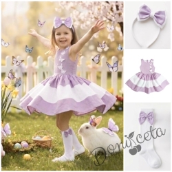 Комплект от детска рокля в пепел от рози и бяло с 3D пеперуди Далента с диадема и чорапки