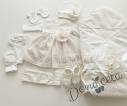 Комплект за изписване от 7 части за момиче в бяло с дантела и цвете