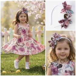 Комплект от детска рокля клош в пепел от рози цветя тип клош Вилина с диадема с цветя