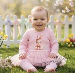 Бебешки комплект от две части от боди-рокля с дълъг ръкав и рипсен клин в нежно розово 