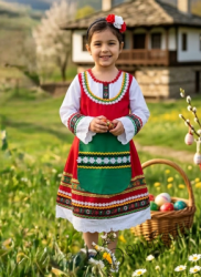 Комплект от дамска или детска народна носия 69-сукман в червено и престилка в зелено с фолклорни етно мотиви с диадема