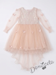 Официална детска рокля с дълъг ръкав с пайети,шлейф и пеперуди в прасковено