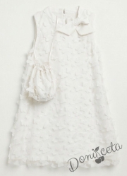 Елегантна детска рокля с пеперуди , панделка в бяло и чантичка