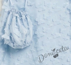 Елегантна детска рокля с пеперуди , панделка в синьо и чантичка