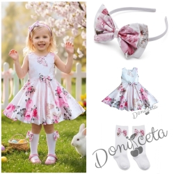 Комплект от 3 части-детска рокля на цветя клош тип в розово Вилина, диадема и чорапки