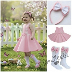 Комплект от 3 части-детска рокля клош в розово Вилина с бели 3D пеперудки, диадема и чорапки 