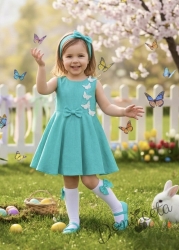 Официална или ежедневна детска рокля клош в цвят тюркоаз Вилина с бели 3D пеперудки