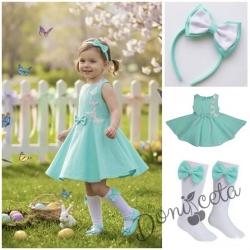 Комплект от 3 части-детска рокля клош в цвят тюркоаз Вилина с бели 3D пеперудки, диадема и чорапки 