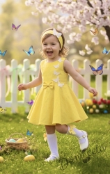 Официална или ежедневна детска рокля клош в жълто Вилина с бели 3D пеперудки