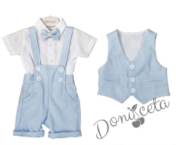 Комплект за момче в синьо от къси панталонки тип гащеризон, елек, папийонка и ризка в бяло с къс ръкав